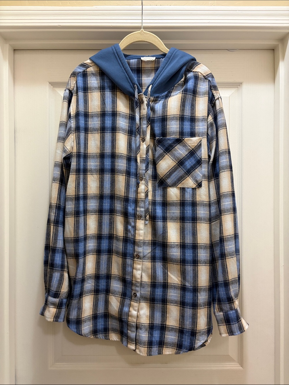 Oversized Blue Plaid Hooded Flannel Shirt/jacket